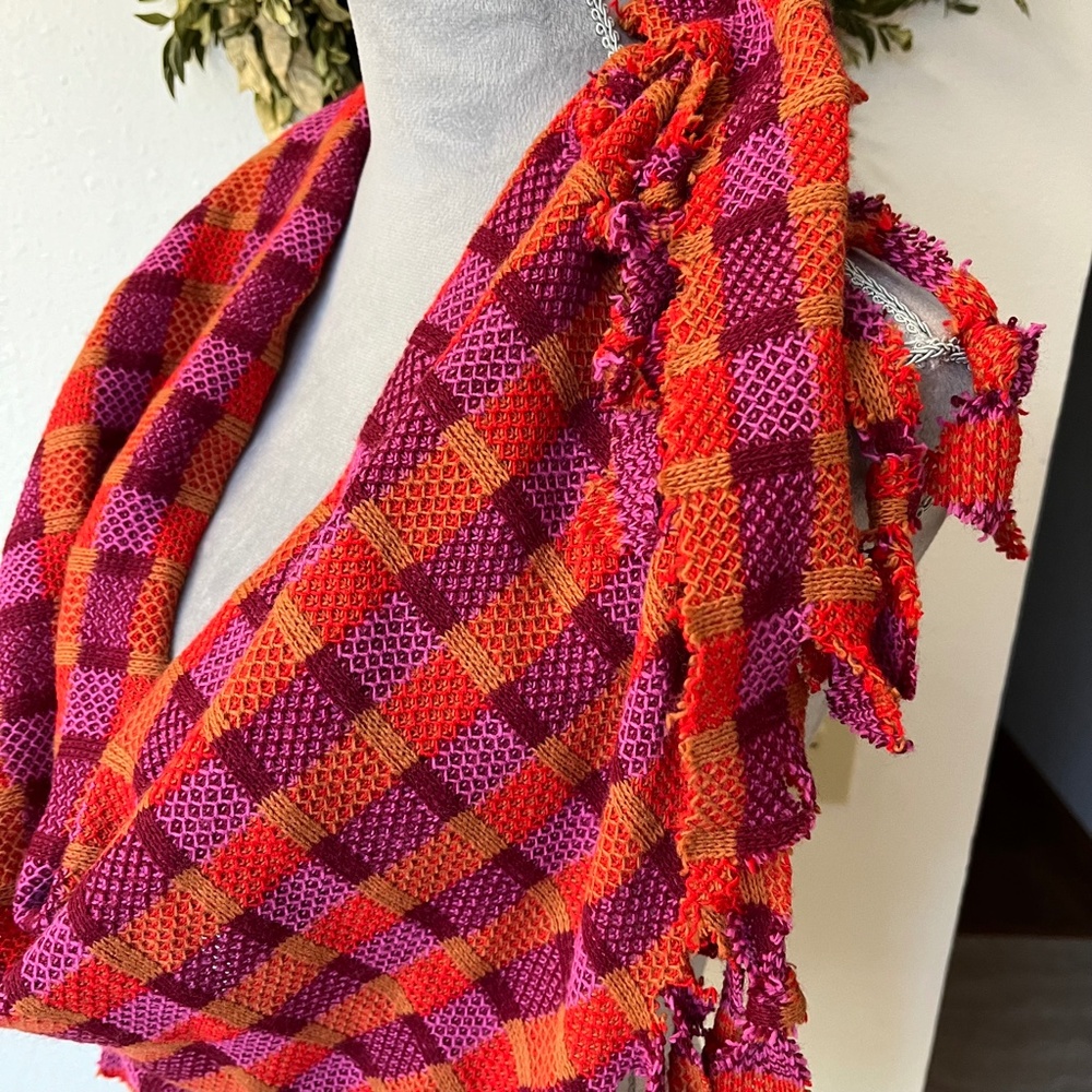 ❤️ Handmade Plaid Fringe Scarf Orange Purple Checkered Triangle Bandana Wrap - Picture 6 of 7
